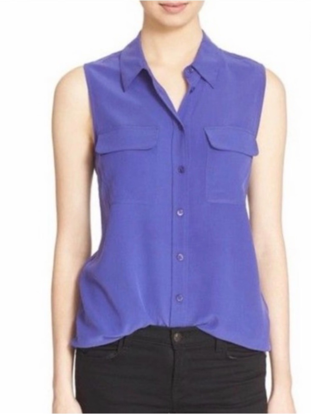 Equipment Femme Slim Signature Sleeveless Silk Shirt Button Blue/Perriwinkle